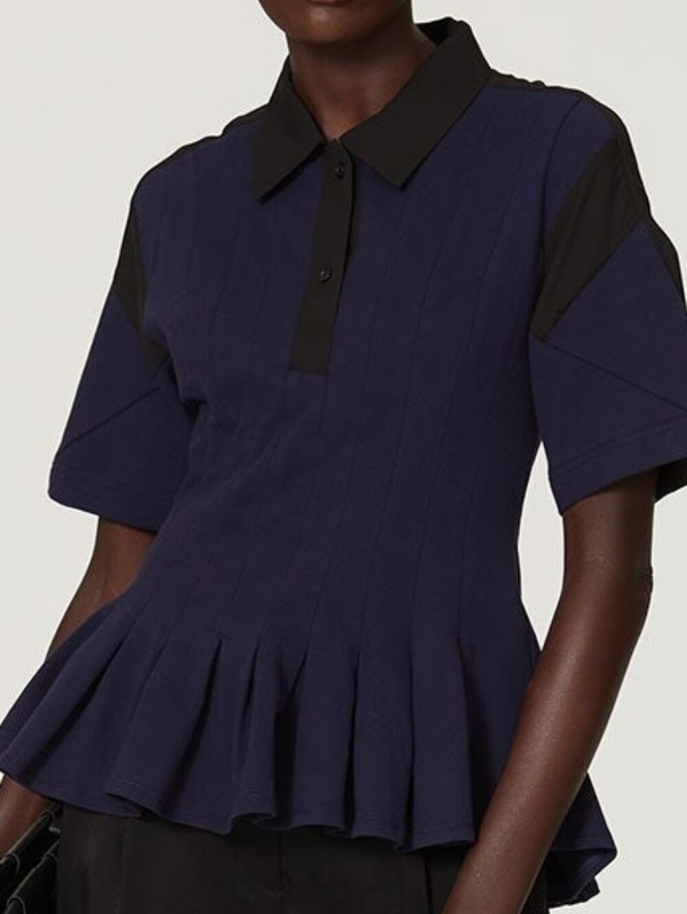 Koché Blouse Cotton Blend Navy Black Pleated Collared Button Short Sleeve XL